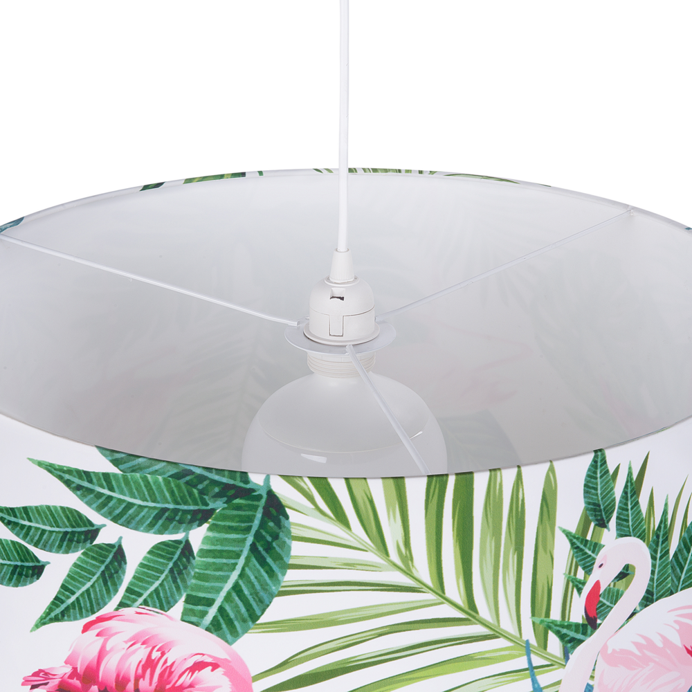 Lampada a Sospensione Tessuto Bianco Foglie Verdi e Stampa Fenicotteri Forma Tamburo Moderna