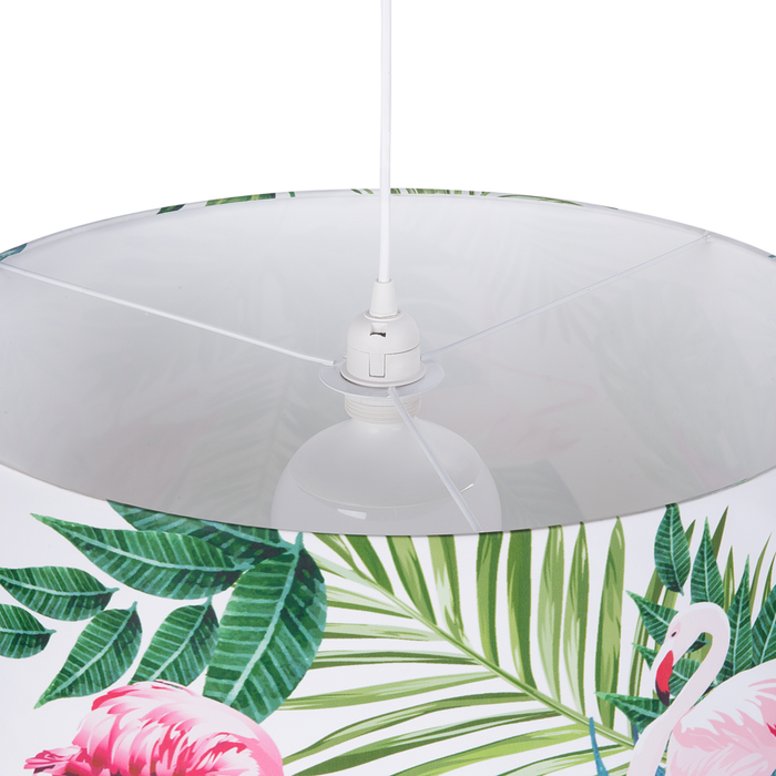 Lampada a Sospensione Tessuto Bianco Foglie Verdi e Stampa Fenicotteri Forma Tamburo Moderna