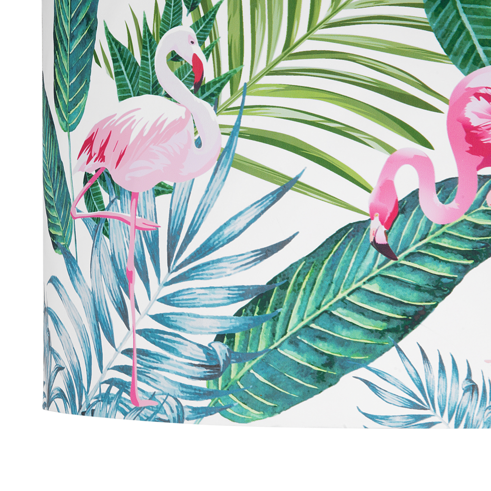 Lampada a Sospensione Tessuto Bianco Foglie Verdi e Stampa Fenicotteri Forma Tamburo Moderna