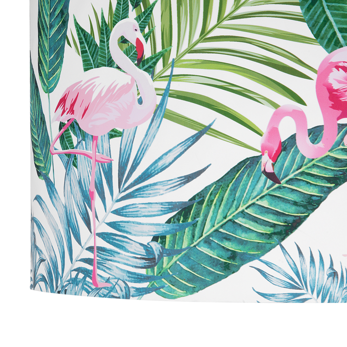 Lampada a Sospensione Tessuto Bianco Foglie Verdi e Stampa Fenicotteri Forma Tamburo Moderna