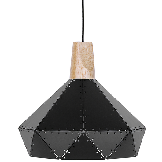Lampada a Sospensione Colore Nero Metallo Quercia Elemento Legno Forma Geometrica Moderna