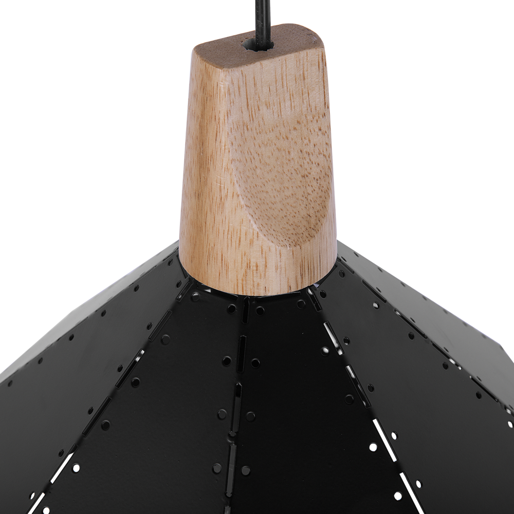 Lampada a Sospensione Colore Nero Metallo Quercia Elemento Legno Forma Geometrica Moderna