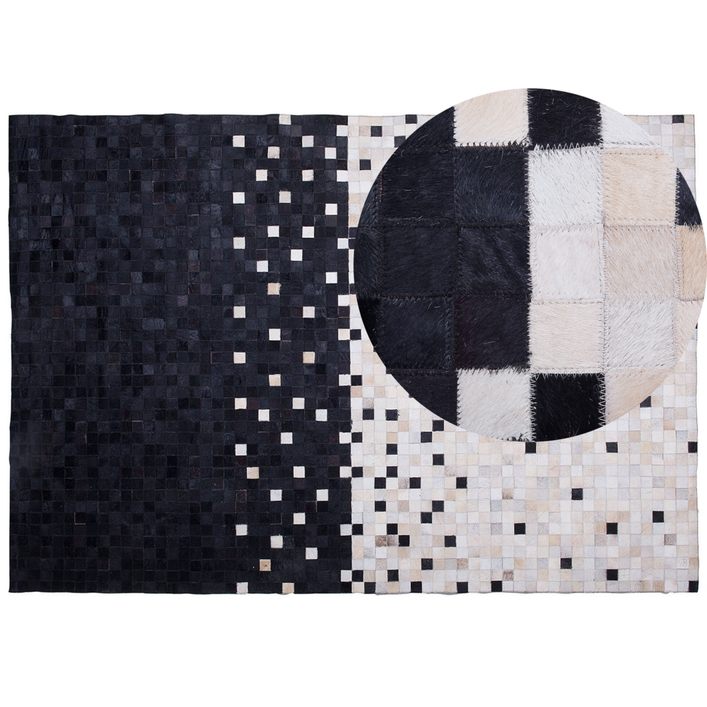 Tappeto Area Nero e Beige in pelle bovina con motivo patchwork Rettangolare 160 x 230 cm