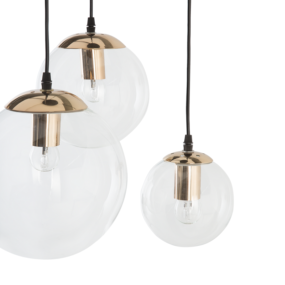 Lampada a Sospensione 3 Luci Vetro Trasparente Elemento in Metallo Dorato