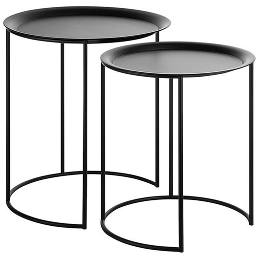 Set di 2 tavolini a nido in metallo Nero con piano rotondo a vassoio industriale minimalista