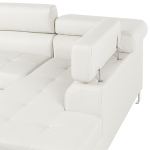 Divano ad angolo in ecopelle bianca con poggiatesta e braccioli regolabili a forma di L