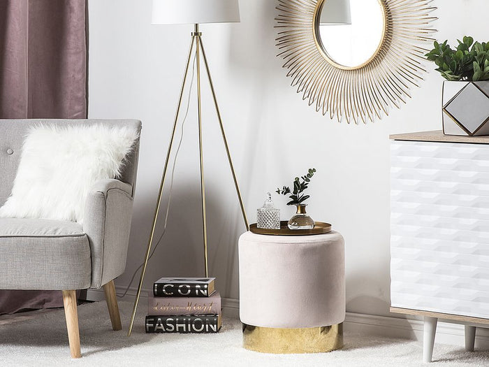Poggiapiedi Rotondo in velluto rosa con pouf da toeletta Glam Sgabello con dorato