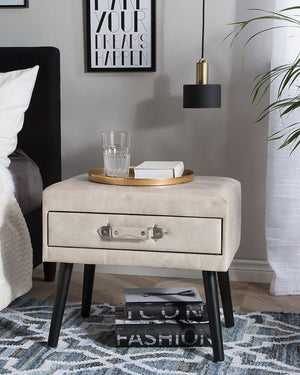 Tavolino con contenitore in ecopelle beige gambe nere 46 x 50 x 35 cm Valigia