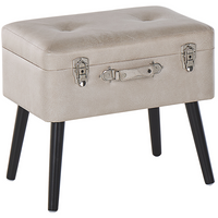 Comodino Sgabello Contenitore con gambe nere imbottite in ecopelle beige con design a valigia. Top abbottonato