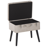 Comodino Sgabello Contenitore con gambe nere imbottite in ecopelle beige con design a valigia. Top abbottonato