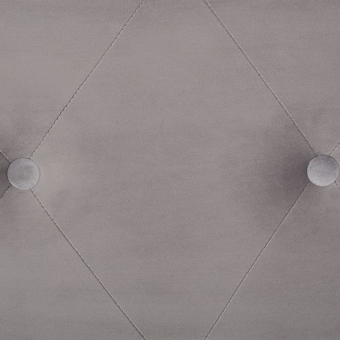 Comodino Sgabello Contenitore gambe nere imbottite in velluto grigio a forma di valigia con bottoni