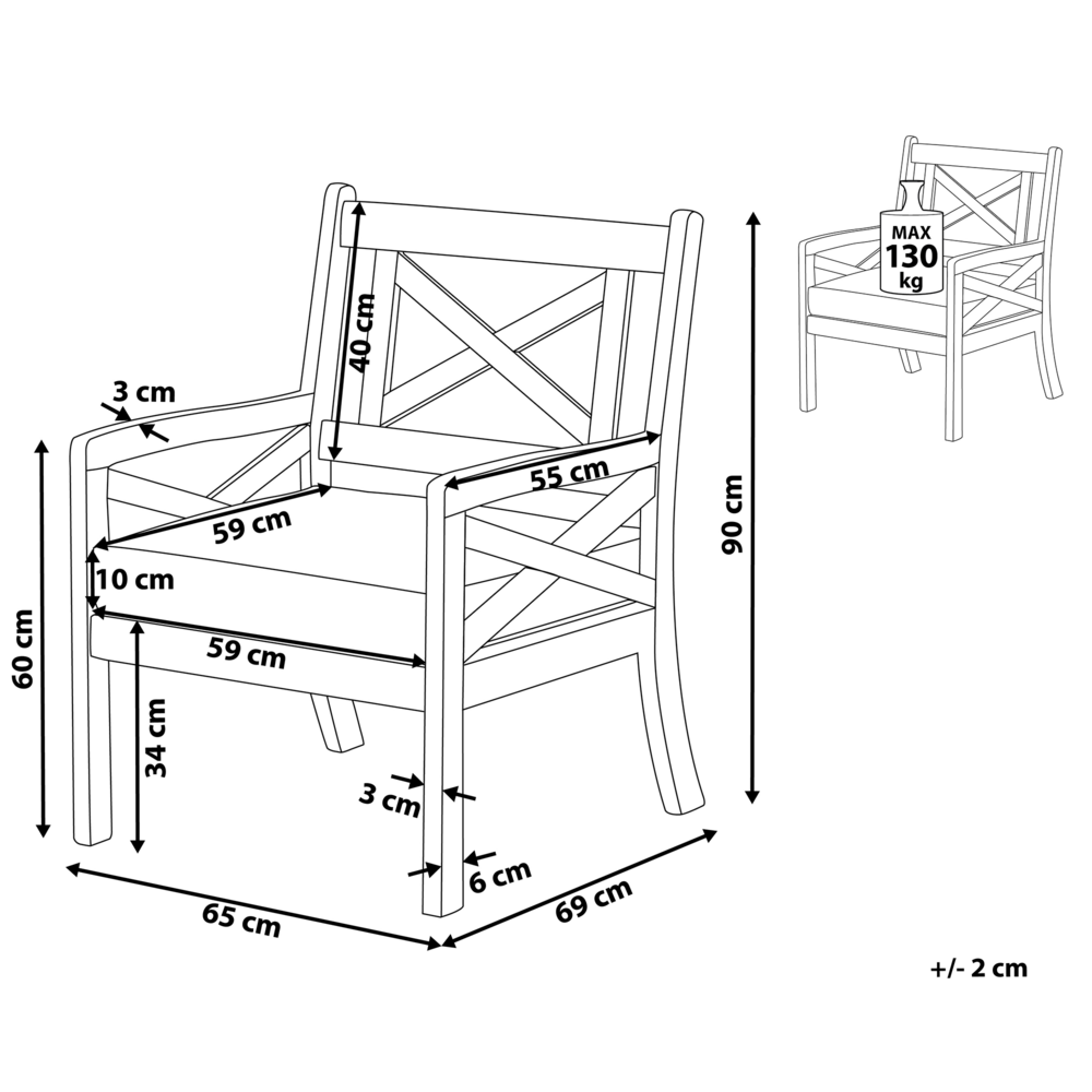 Sedia da Giardino in Legno di Acacia Bianco con Cuscino di Seduta Blu costiero