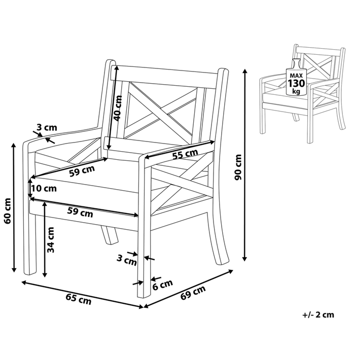 Sedia da Giardino in Legno di Acacia Bianco con Cuscino di Seduta Blu costiero