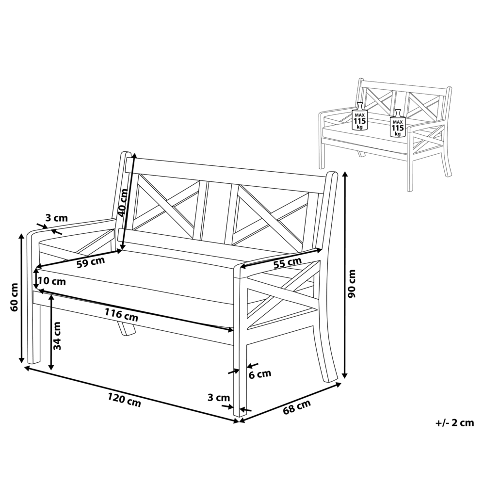 Panca da giardino in legno di acacia bianca con cuscino di seduta blu 2 posti costiero