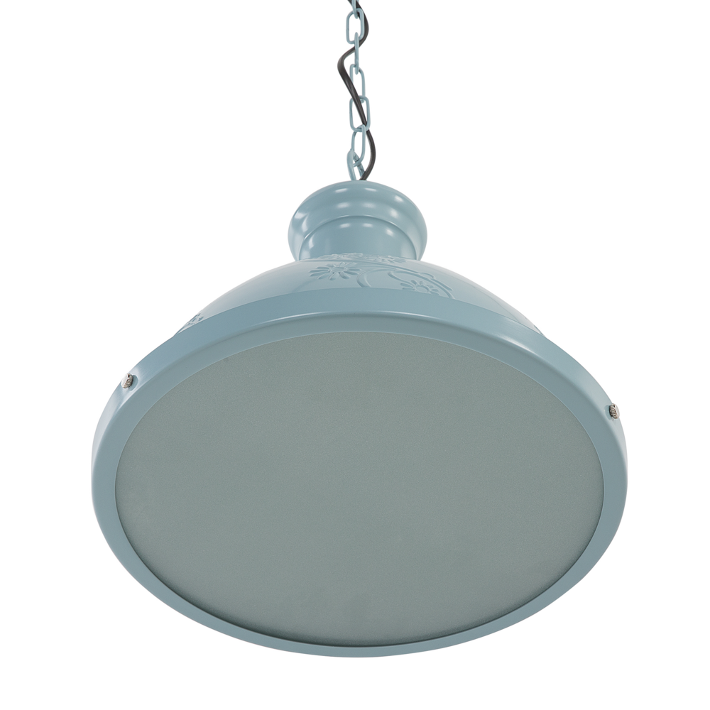 Lampada a sospensione in metallo blu di forma rotonda con ornamenti floreali industriali