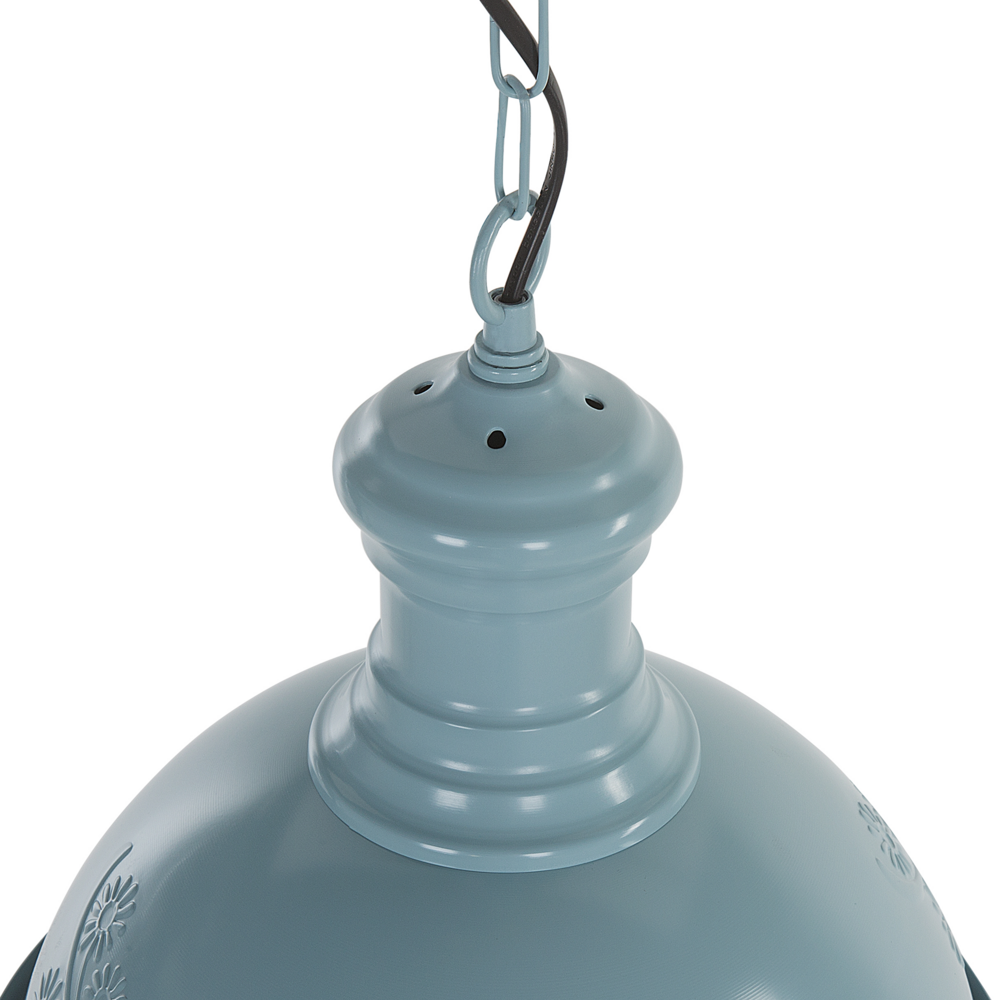 Lampada a sospensione in metallo blu di forma rotonda con ornamenti floreali industriali
