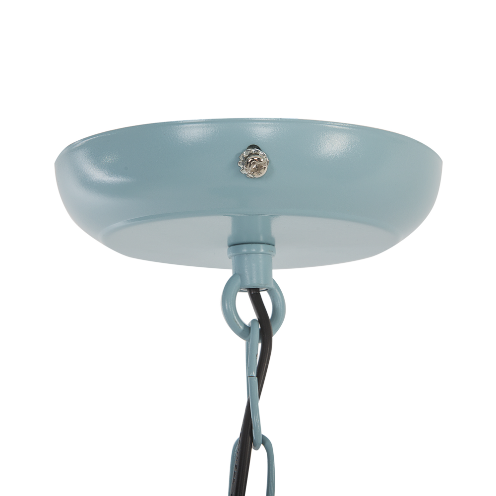 Lampada a sospensione in metallo blu di forma rotonda con ornamenti floreali industriali