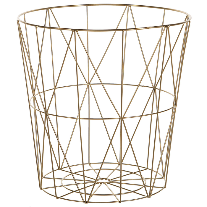 Tavolino Luce Legno Piano Rimovibile Metallo dorato Cestino Filo Geometrico Glam