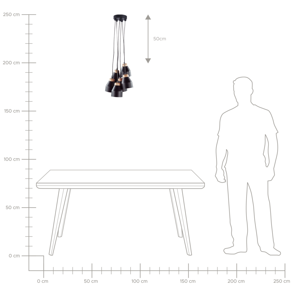 Cluster Lampada a Sospensione Metallo Nero e Legno Chiaro 6 Luci Forma Campana Moderna