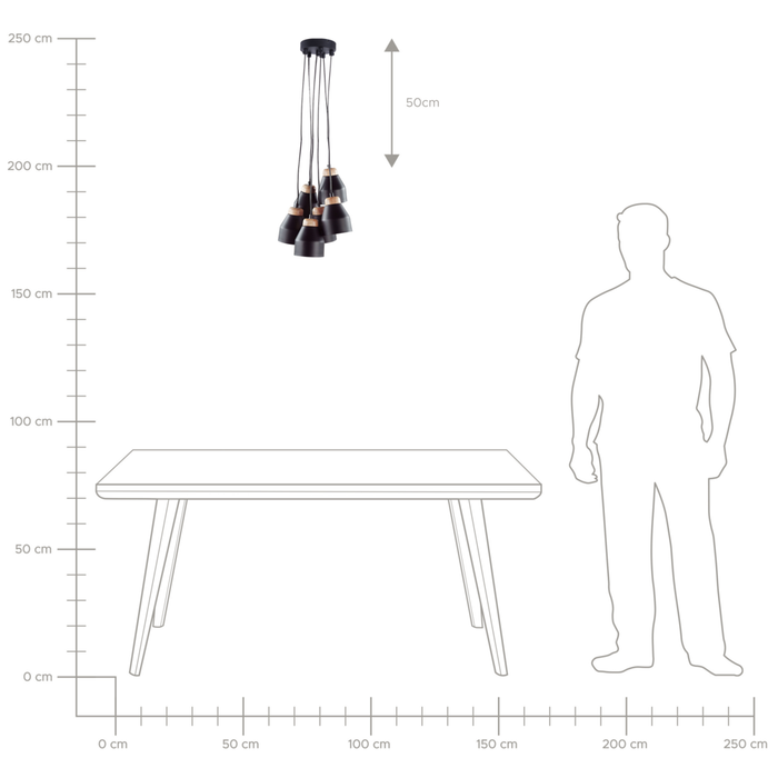 Cluster Lampada a Sospensione Metallo Nero e Legno Chiaro 6 Luci Forma Campana Moderna
