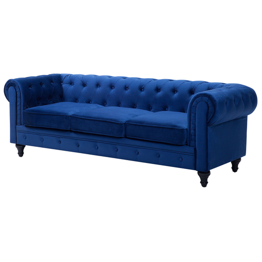 Chesterfield Soggiorno Set Rivestimento in Tessuto Velluto Blu Gambe in Legno Scuro Divano a 3 Posti + Poltrona Contemporanea