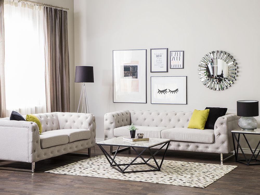 Set divano Chesterfield a 5 posti con bottoni avorio beige capitonnè