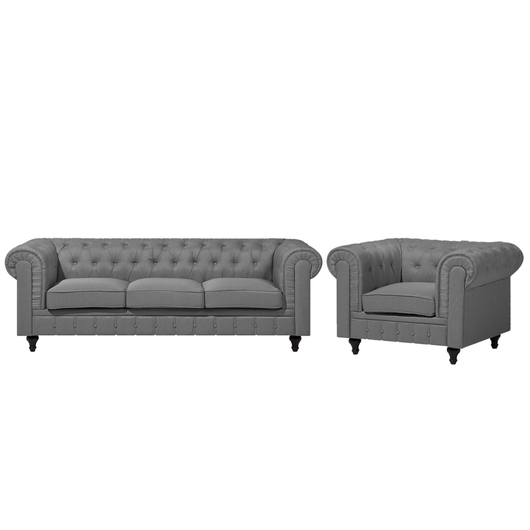 Set soggiorno Chesterfield in tessuto grigio chiaro gambe in legno scuro divano a 3 posti + poltrona contemporanea