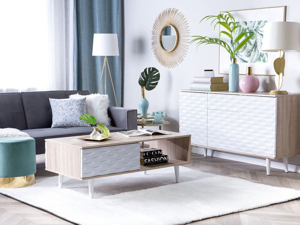 Tavolino in Legno Chiaro e Truciolare Bianco con 1 Cassetto moderno