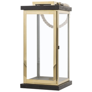 Lanterna in Legno Nero e Metallo dorato H 41 cm Portacandele a Colonna con Manico in Corda