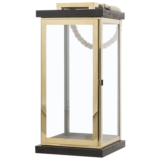 Lanterna in Legno Nero e Metallo dorato H 41 cm Portacandele a Colonna con Manico in Corda
