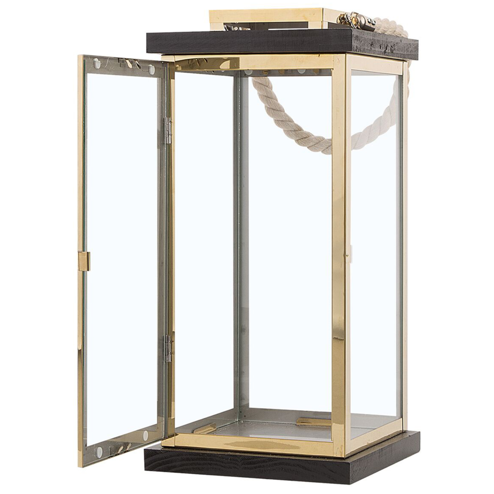 Lanterna in Legno Nero e Metallo dorato H 41 cm Portacandele a Colonna con Manico in Corda