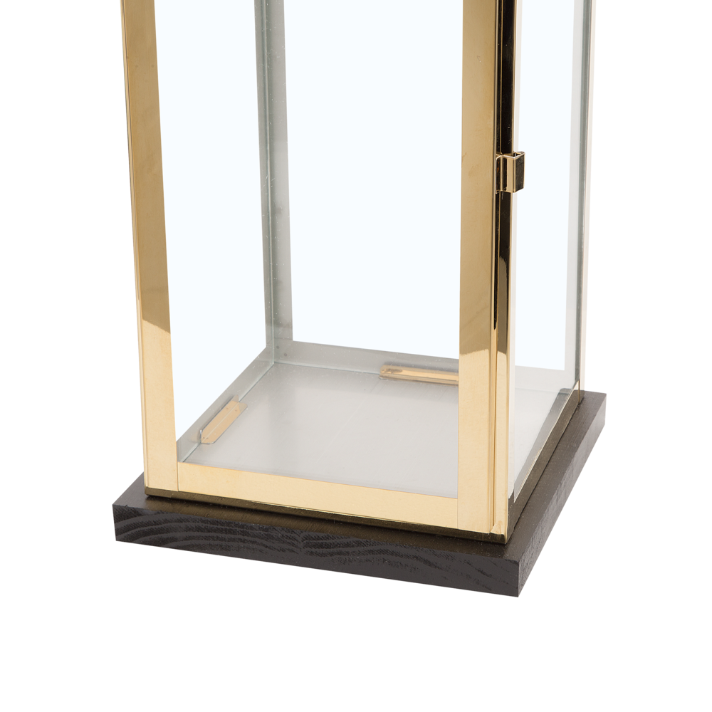 Lanterna in Legno Nero e Metallo dorato H 41 cm Portacandele a Colonna con Manico in Corda