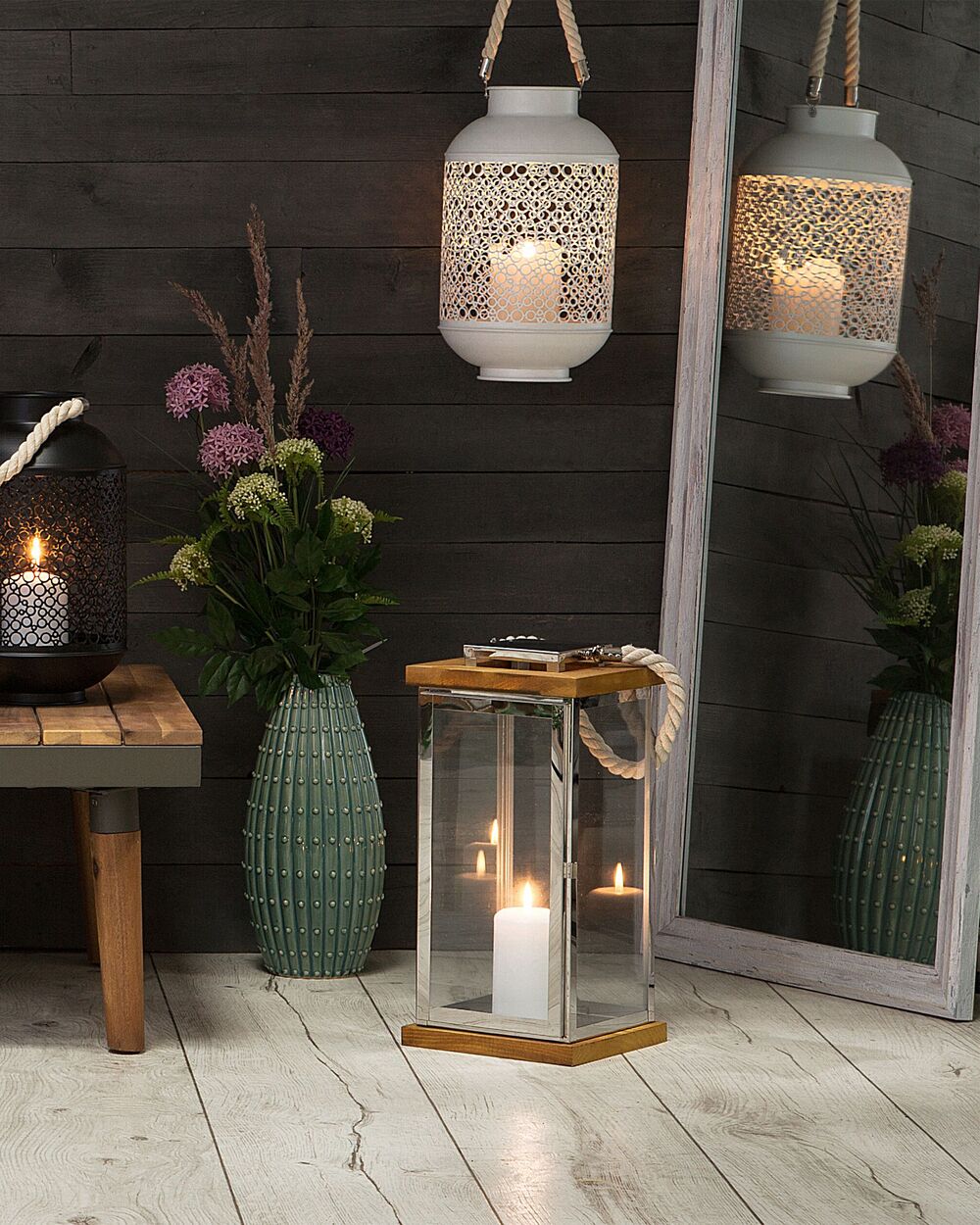 Lanterna in Legno Chiaro e Metallo Argentato H 41 cm Portacandele a Colonna con Manico in Corda