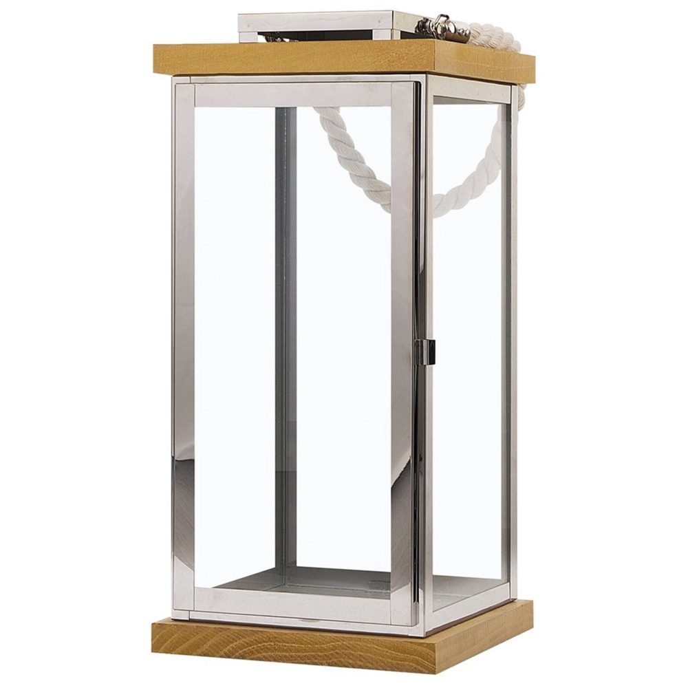 Lanterna in Legno Chiaro e Metallo Argentato H 41 cm Portacandele a Colonna con Manico in Corda