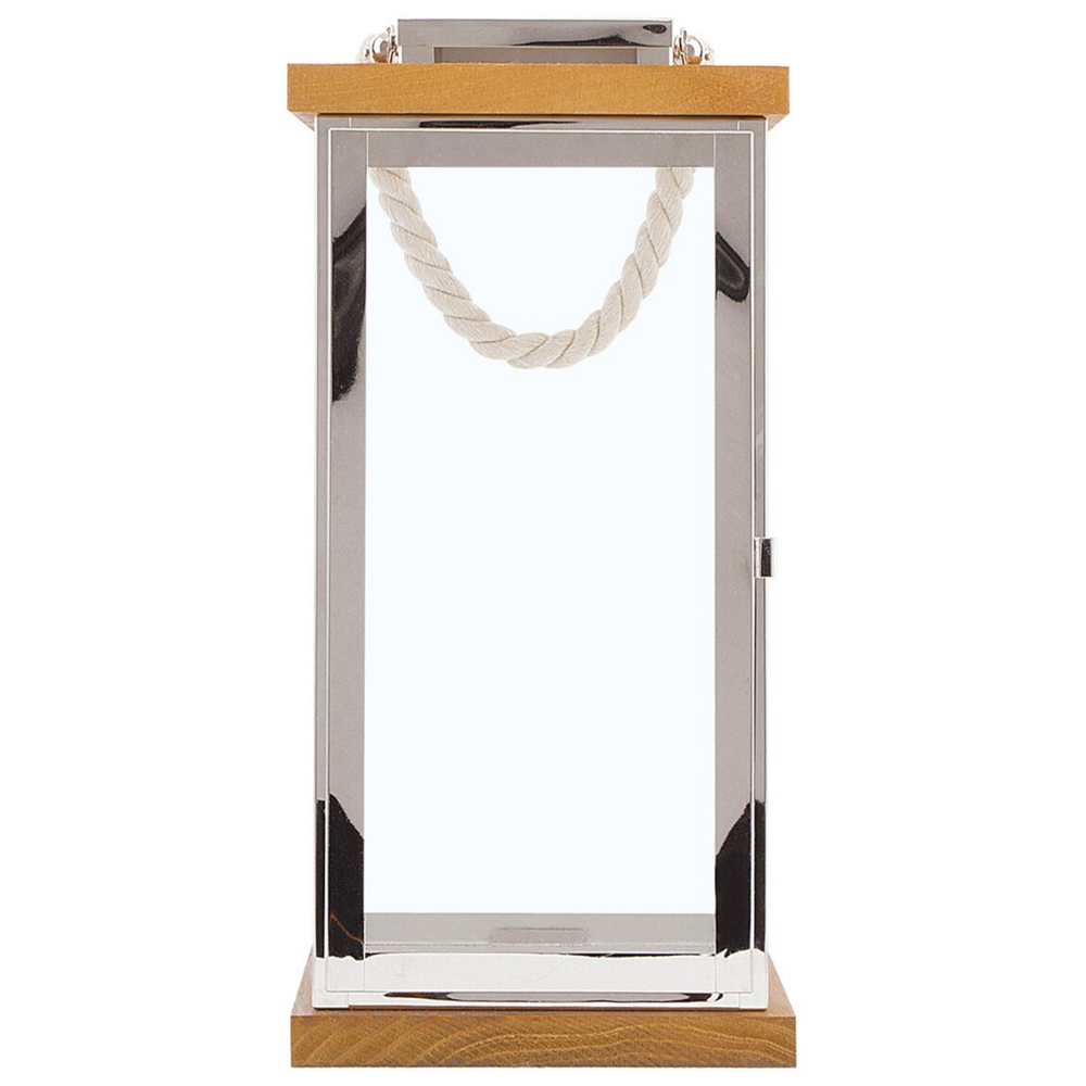 Lanterna in Legno Chiaro e Metallo Argentato H 41 cm Portacandele a Colonna con Manico in Corda