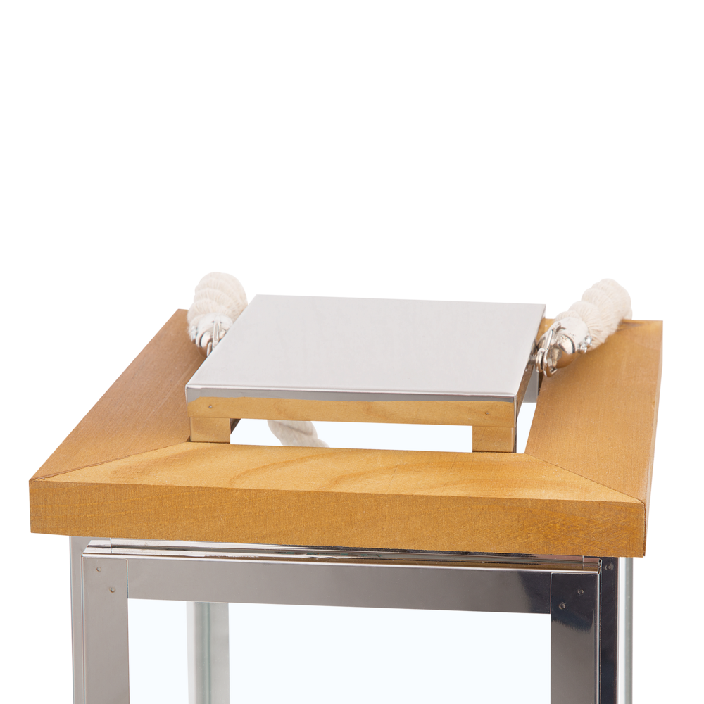 Lanterna in Legno Chiaro e Metallo Argentato H 41 cm Portacandele a Colonna con Manico in Corda