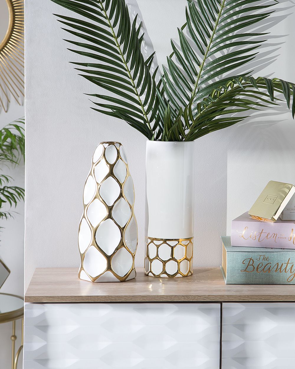 Vaso da fiori da tavola Bianco con gres porcellanato dorato 36 cm Geometrico moderno