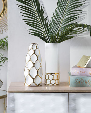 Vaso da fiori da tavola Bianco con gres porcellanato dorato 36 cm Geometrico moderno
