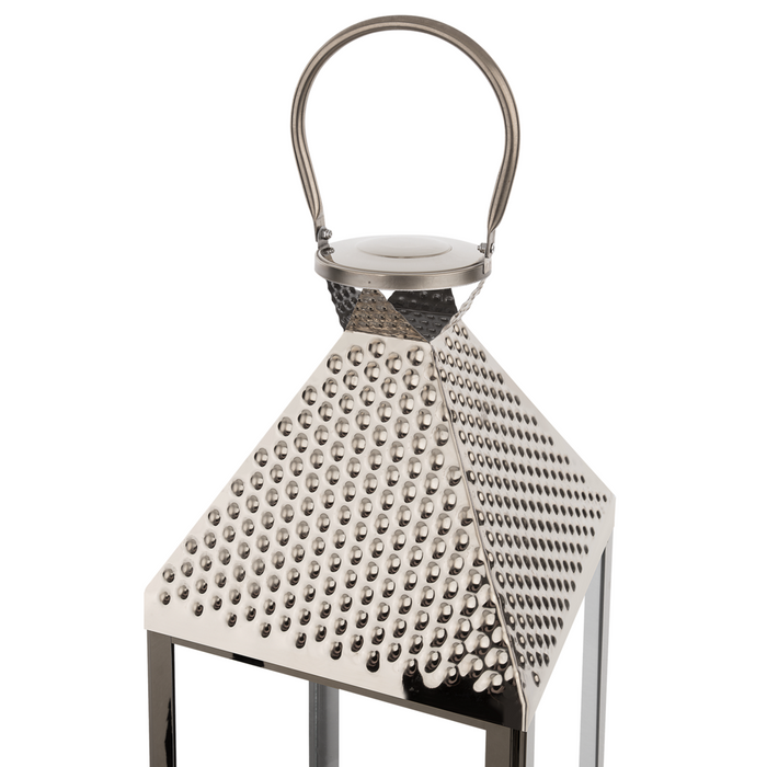 Lanterna in Metallo Argento Portacandele a Colonna in Acciaio Inox H 55 cm