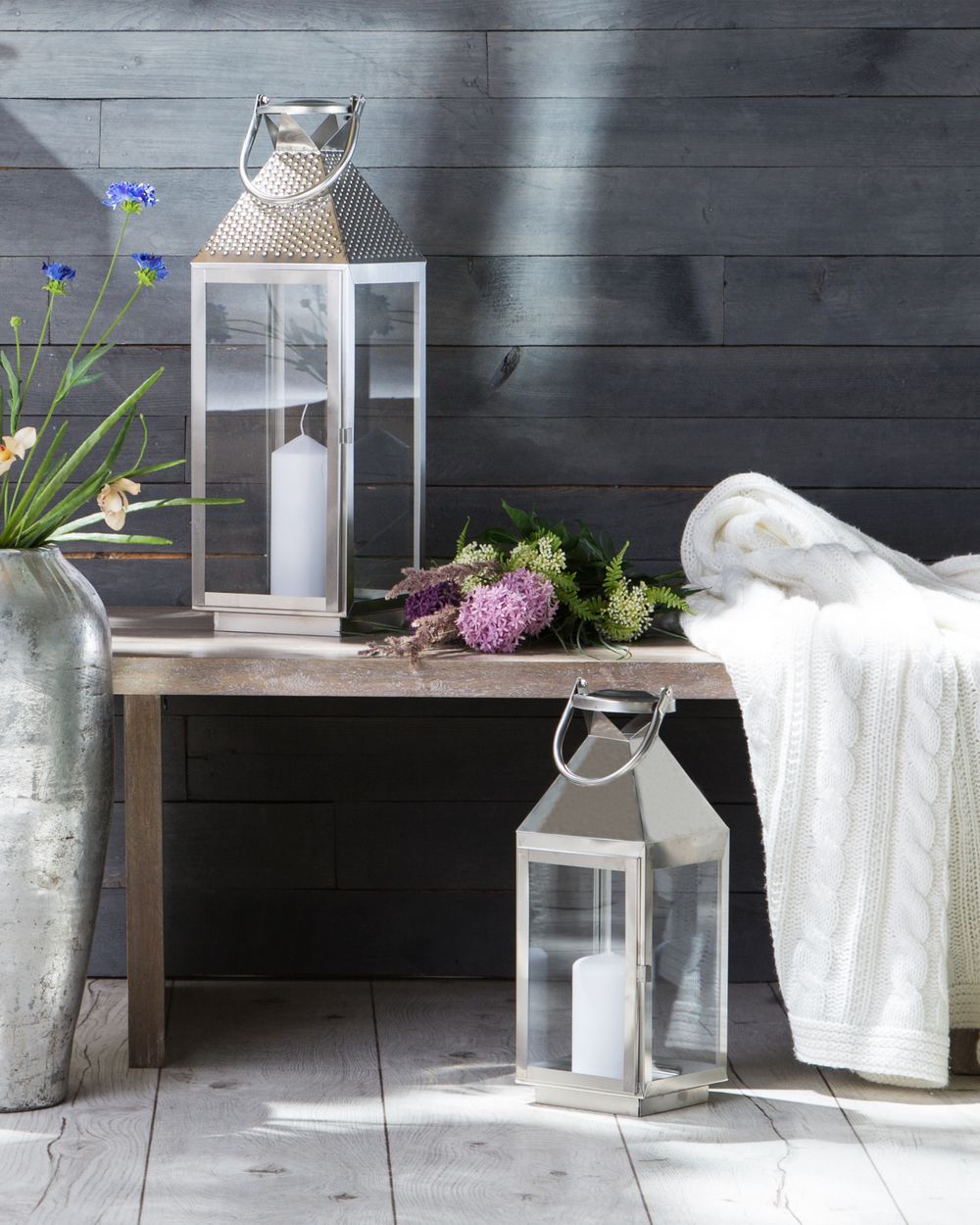 Lanterna in Metallo Argento Portacandele a Colonna in Acciaio Inox H 40 cm