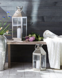 Lanterna in Metallo Argento Portacandele a Colonna in Acciaio Inox H 40 cm