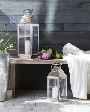 Lanterna in Metallo Argento Portacandele a Colonna in Acciaio Inox H 40 cm