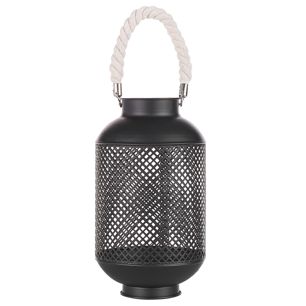Lanterna In Metallo Nero Base Traforata Manico In Corda Candela Singola Moderna