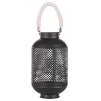 Lanterna In Metallo Nero Base Traforata Manico In Corda Candela Singola Moderna