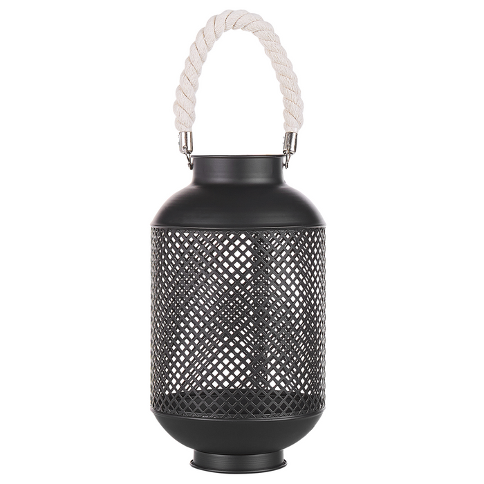 Lanterna In Metallo Nero Base Traforata Manico In Corda Candela Singola Moderna