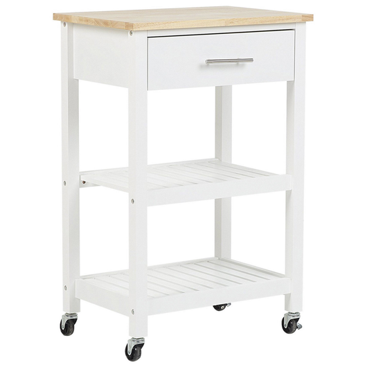Carrello da cucina in legno di gomma bianco MDF 58 x 40 x 85 cm 3 ripiani cassetto portaposate portabottiglie ruote