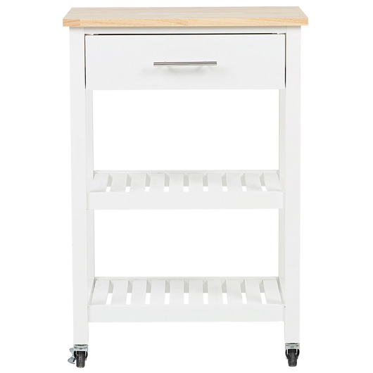 Carrello da cucina in legno di gomma bianco MDF 58 x 40 x 85 cm 3 ripiani cassetto portaposate portabottiglie ruote