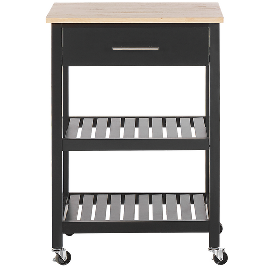 Carrello da cucina in legno di gomma Nero MDF 58 x 40 x 85 cm 2 ripiani portaposate cassetto portabottiglie ruote