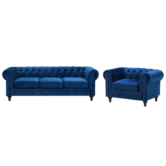 Chesterfield Soggiorno Set Rivestimento in Tessuto Velluto Blu Gambe in Legno Scuro Divano a 3 Posti + Poltrona Contemporanea