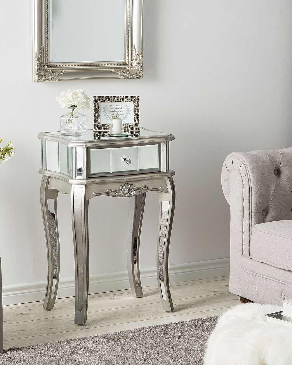 Tavolino a Specchio Argento 1 Cassetto Chic Design Francese